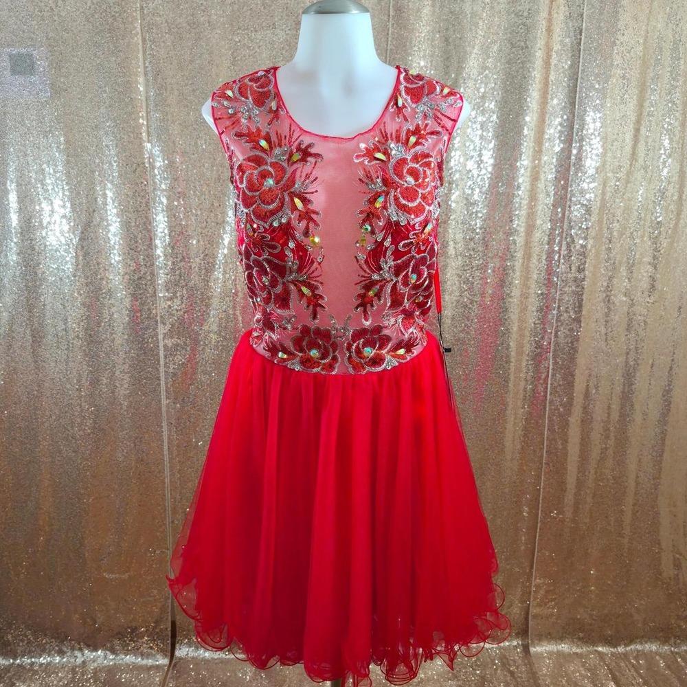 Poly USA Red Tulle HoCO Dress Silver Floral Embroidery Open Back NWT/Sizes L